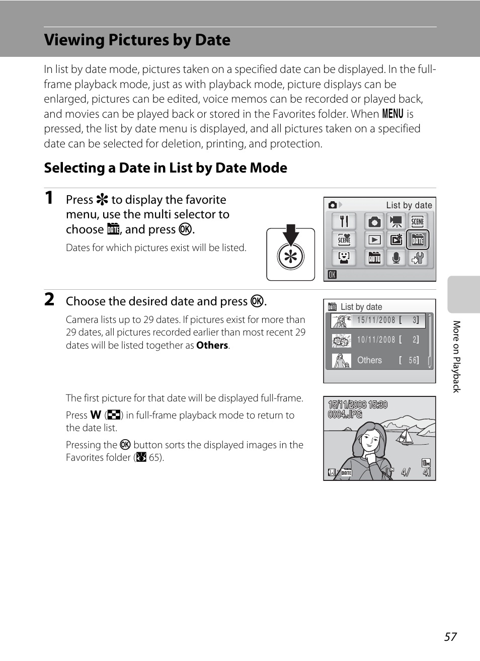 Viewing pictures by date, Selecting a date in list by date mode, A 57) | Nikon Coolpix S560 User Manual | Page 71 / 172