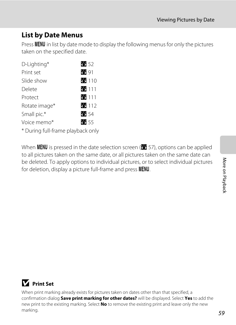 List by date menus, A 59) | Nikon Coolpix S560 User Manual | Page 73 / 172