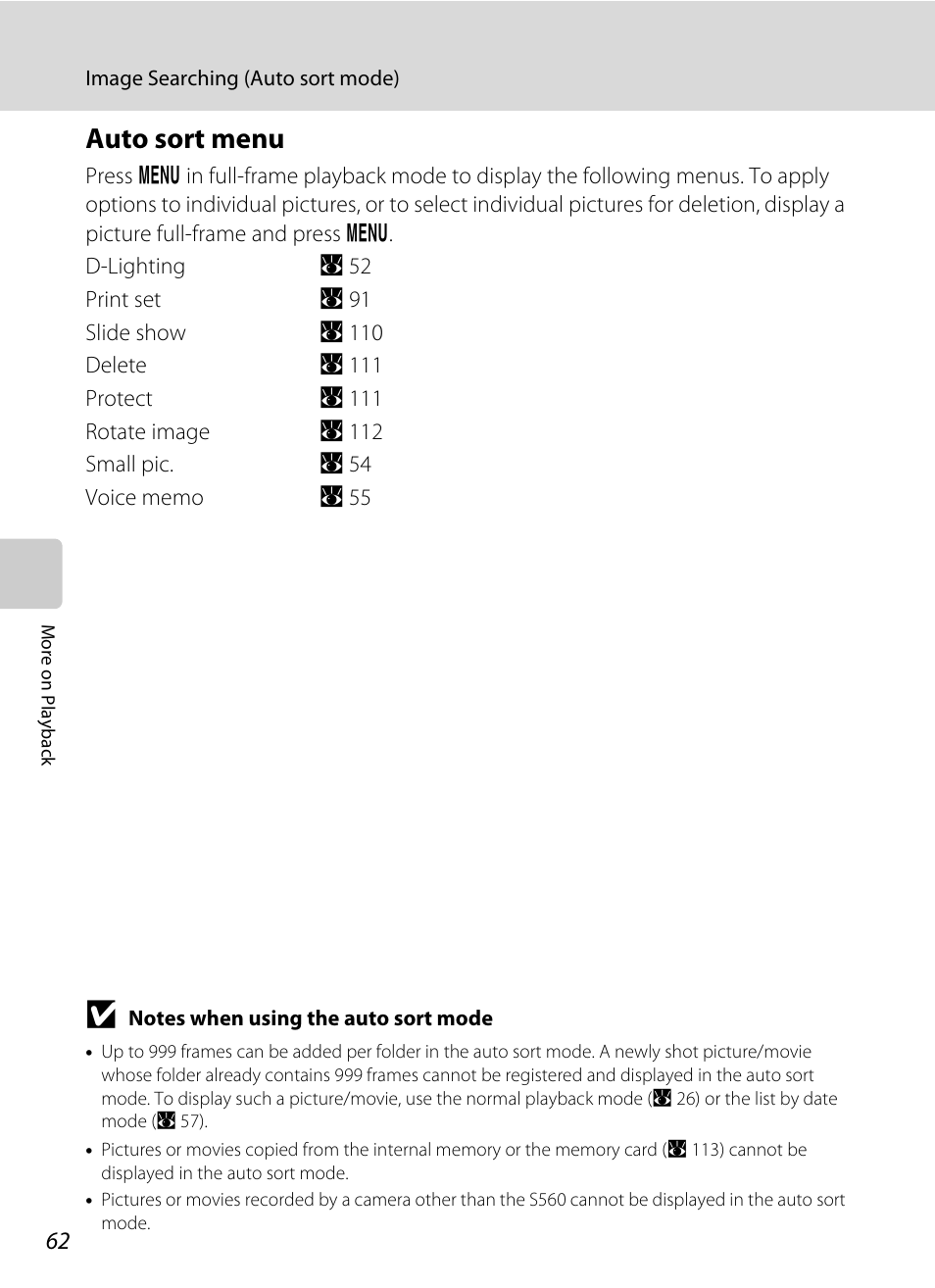 Auto sort menu | Nikon Coolpix S560 User Manual | Page 76 / 172