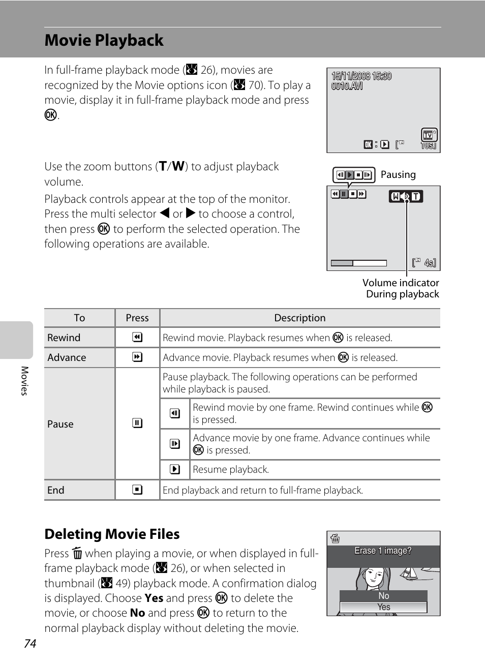 Movie playback, Deleting movie files | Nikon Coolpix S560 User Manual | Page 88 / 172