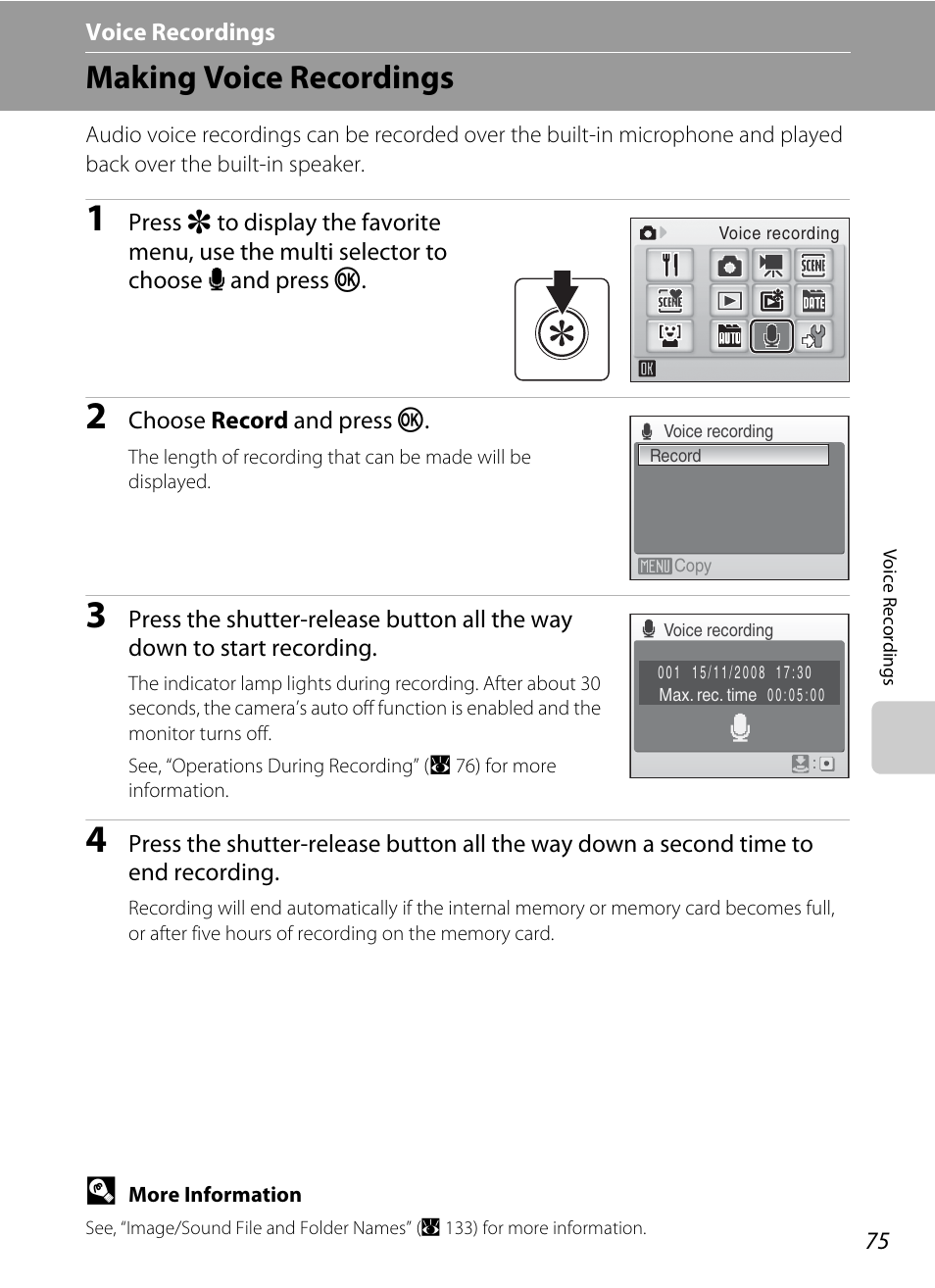 Voice recordings, Making voice recordings, E voice recordings | A 75) | Nikon Coolpix S560 User Manual | Page 89 / 172