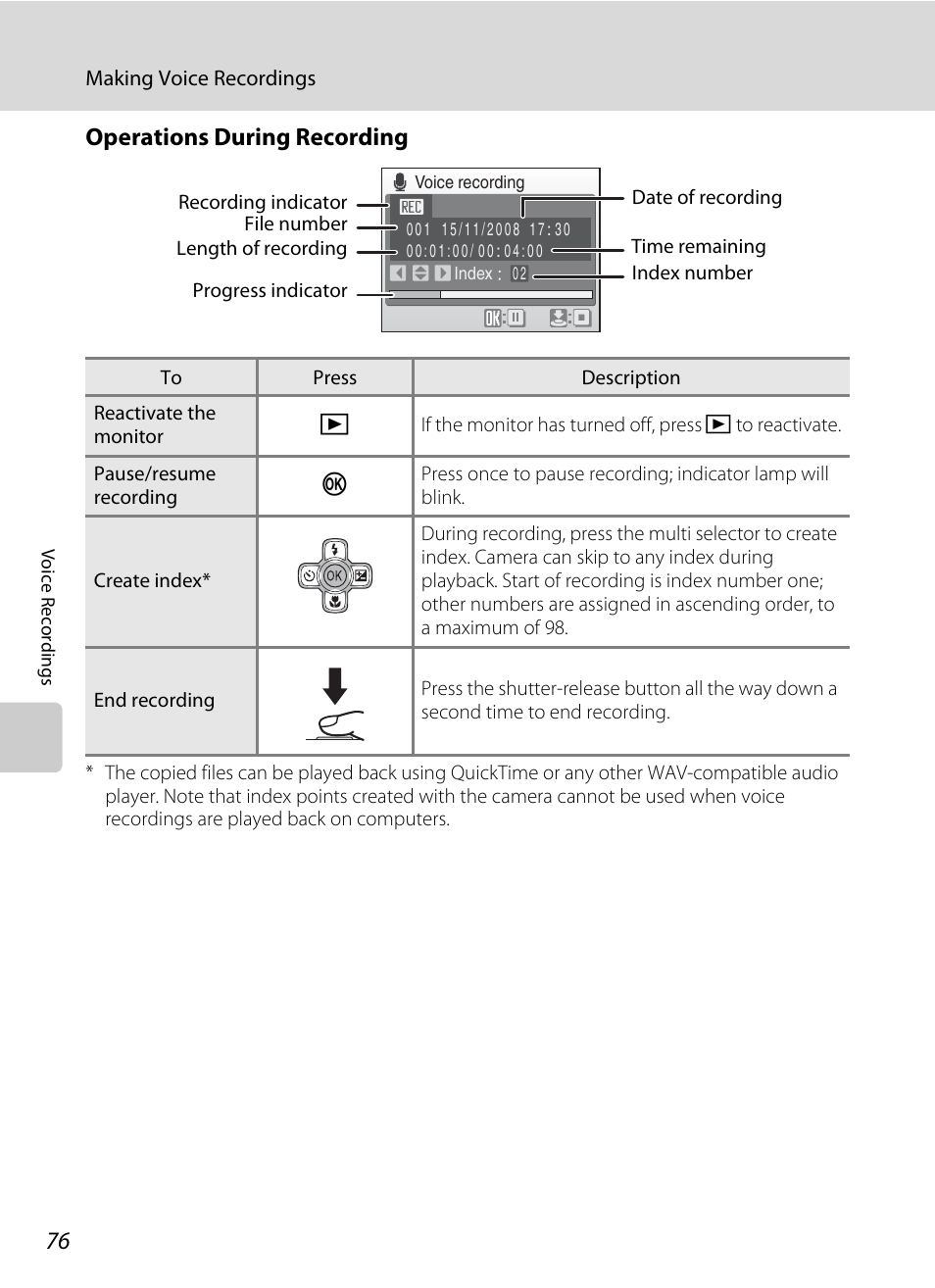 See, “operations during recording, A 76) for more, Operations during recording | Nikon Coolpix S560 User Manual | Page 90 / 172