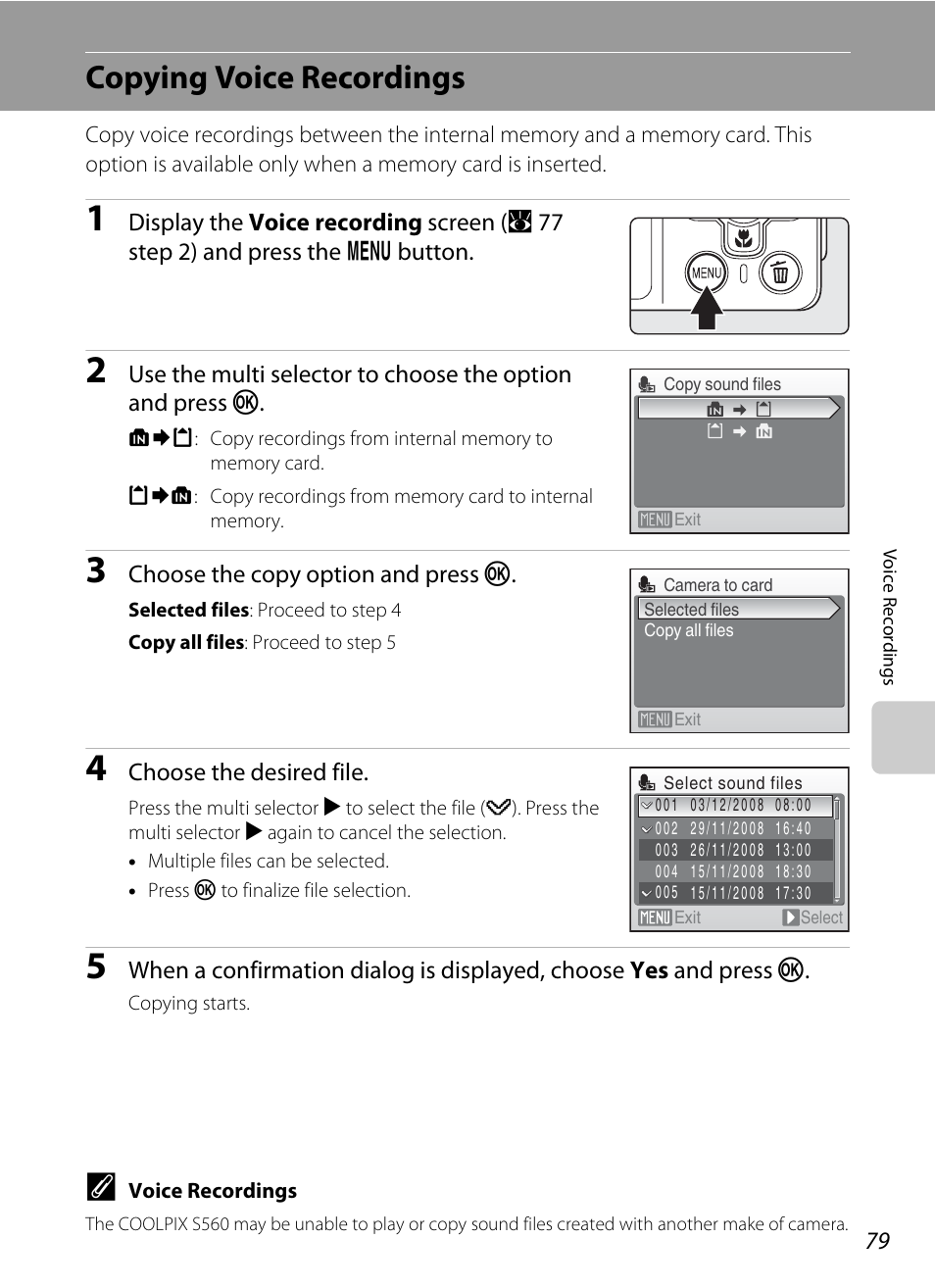 Copying voice recordings | Nikon Coolpix S560 User Manual | Page 93 / 172