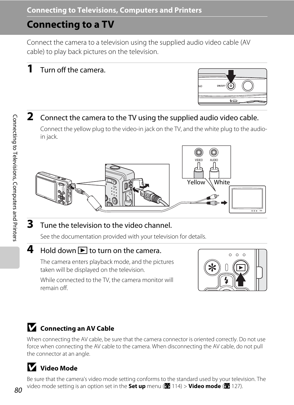 Connecting to televisions, computers and printers, Connecting to a tv | Nikon Coolpix S560 User Manual | Page 94 / 172