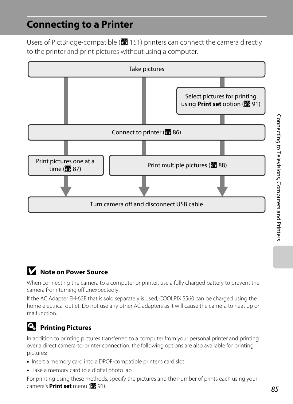 Connecting to a printer | Nikon Coolpix S560 User Manual | Page 99 / 172