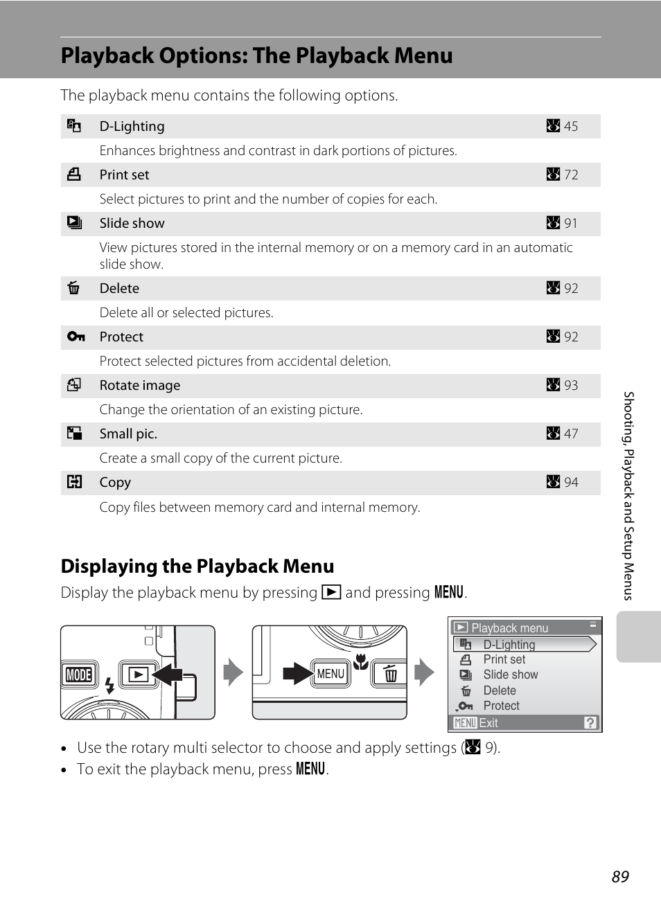 Playback options: the playback menu, Displaying the playback menu | Nikon Coolpix S600 User Manual | Page 101 / 144