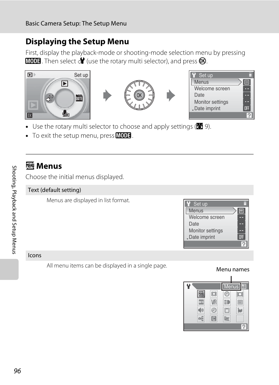 Displaying the setup menu, Menus, Displaying the setup menu a menus | A 96) wil, A 96, A menus | Nikon Coolpix S600 User Manual | Page 108 / 144