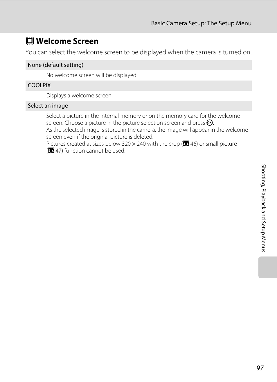 Welcome screen, C welcome screen, A 97) | A 97 | Nikon Coolpix S600 User Manual | Page 109 / 144