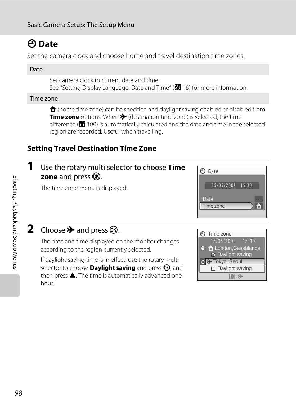 Date, D date, A 98) | A 98, Setting travel destination time zone, Choose x and press k | Nikon Coolpix S600 User Manual | Page 110 / 144