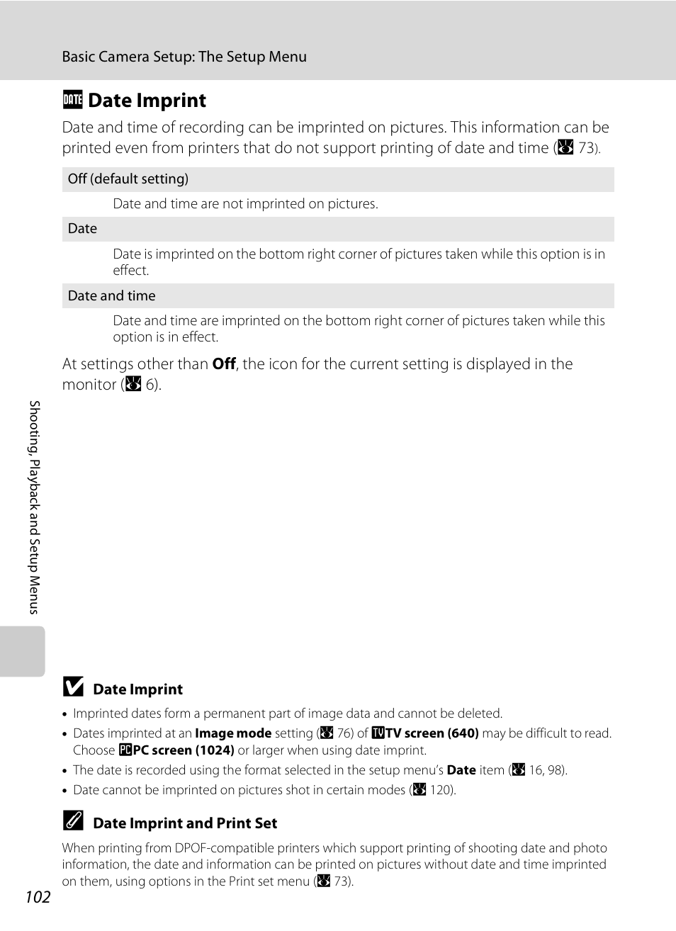 Date imprint, F date imprint, A 102 | Nikon Coolpix S600 User Manual | Page 114 / 144