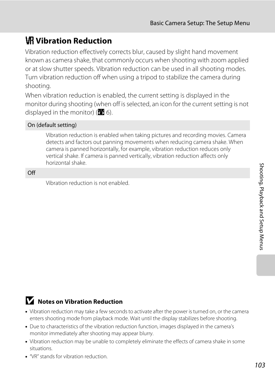 Vibration reduction, G vibration reduction, A 103) | A 103, A 103) o | Nikon Coolpix S600 User Manual | Page 115 / 144