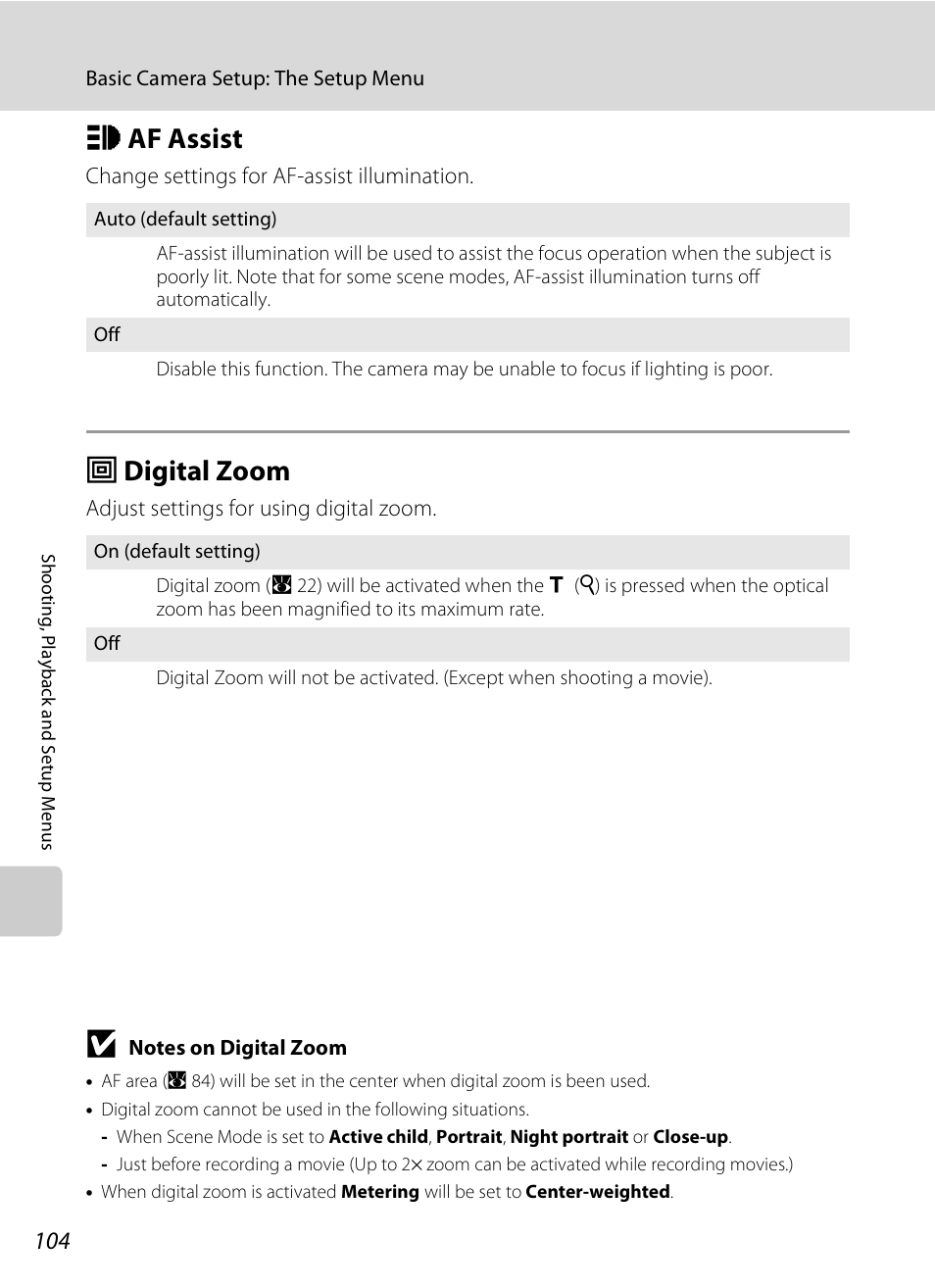 Af assist, Digital zoom, H af assist u digital zoom | A 104), A 104, H af assist, U digital zoom | Nikon Coolpix S600 User Manual | Page 116 / 144