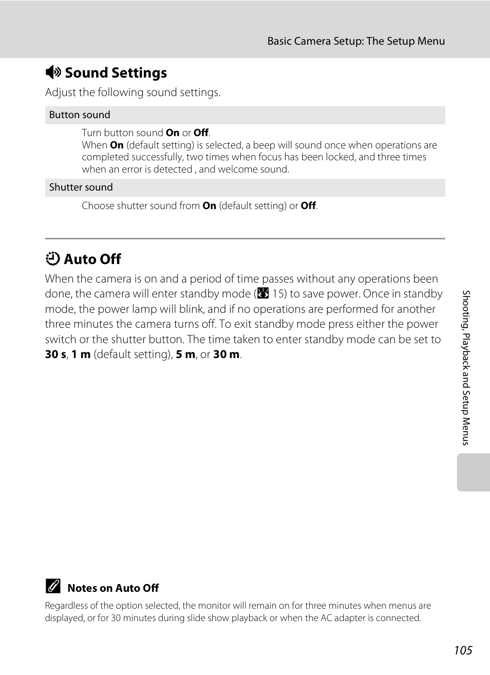 Sound settings, Auto off, I sound settings k auto off | A 105), A 105, I sound settings, K auto off | Nikon Coolpix S600 User Manual | Page 117 / 144