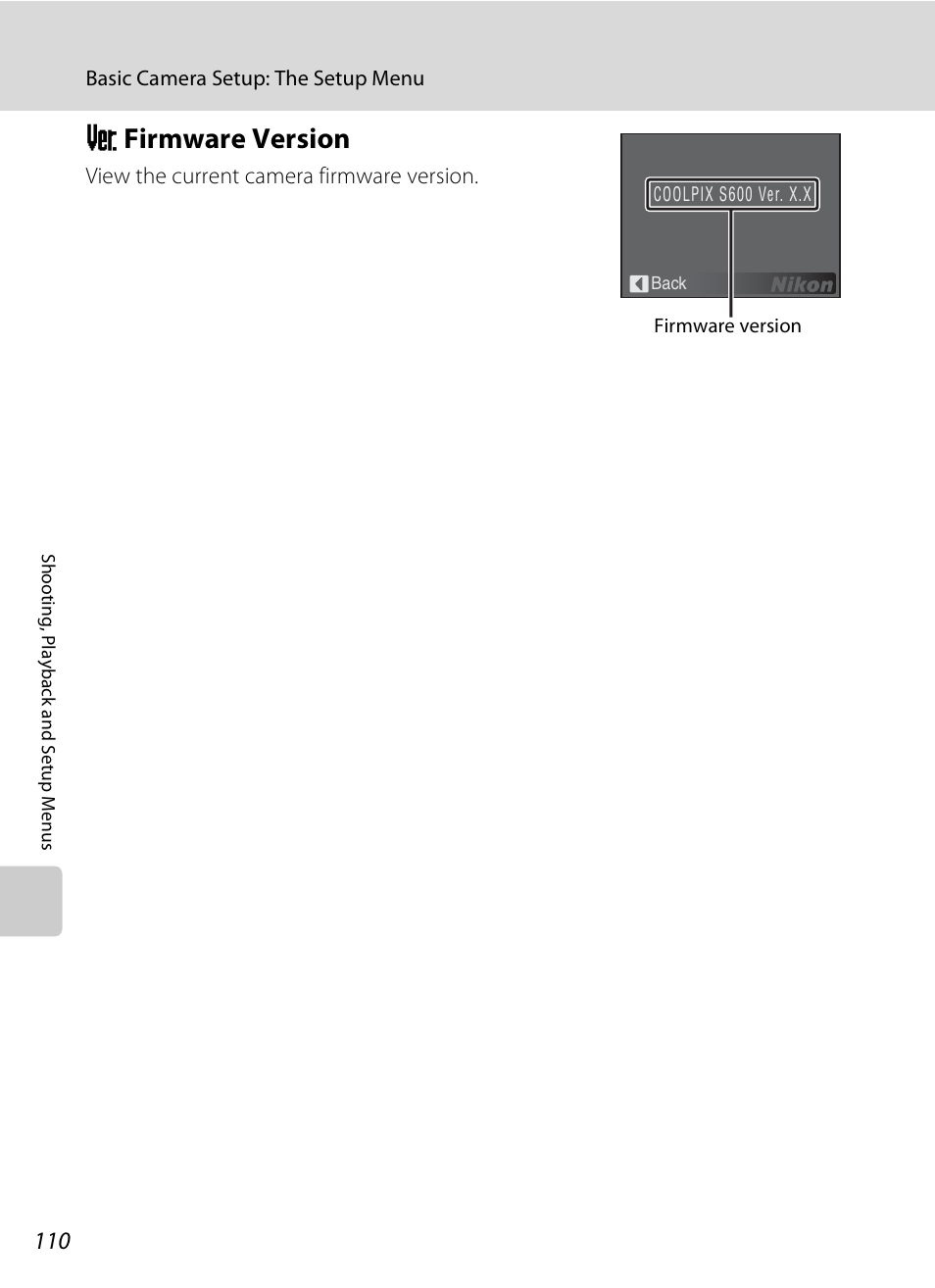 Firmware version, R firmware version, A 110 | Nikon Coolpix S600 User Manual | Page 122 / 144