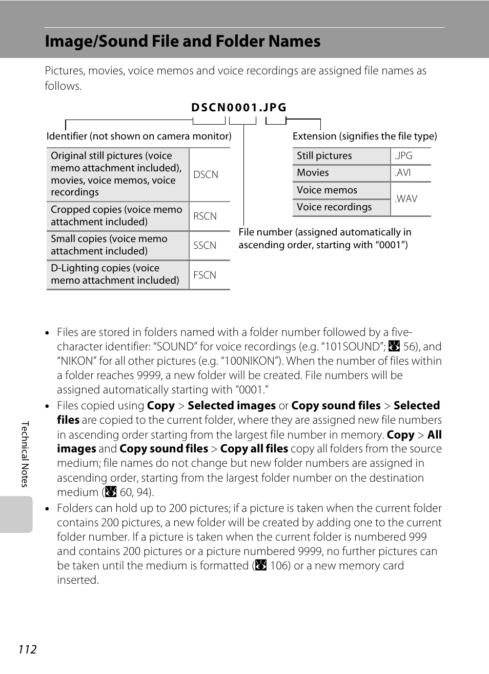 Image/sound file and folder names, A 112), See, “image/sound file and folder names | See “image/sound file and folder names, A 112) fo | Nikon Coolpix S600 User Manual | Page 124 / 144