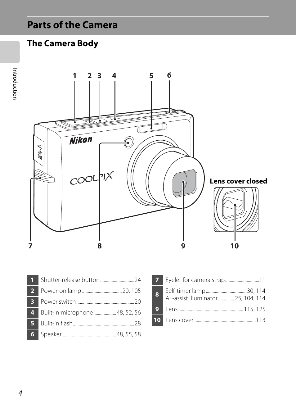 Parts of the camera, The camera body | Nikon Coolpix S600 User Manual | Page 16 / 144