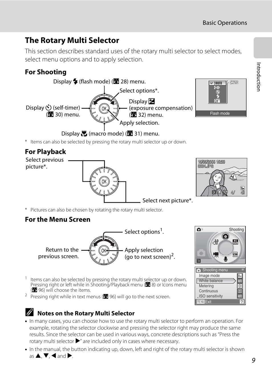 The rotary multi selector, A 9), For shooting | For playback, For the menu screen | Nikon Coolpix S600 User Manual | Page 21 / 144