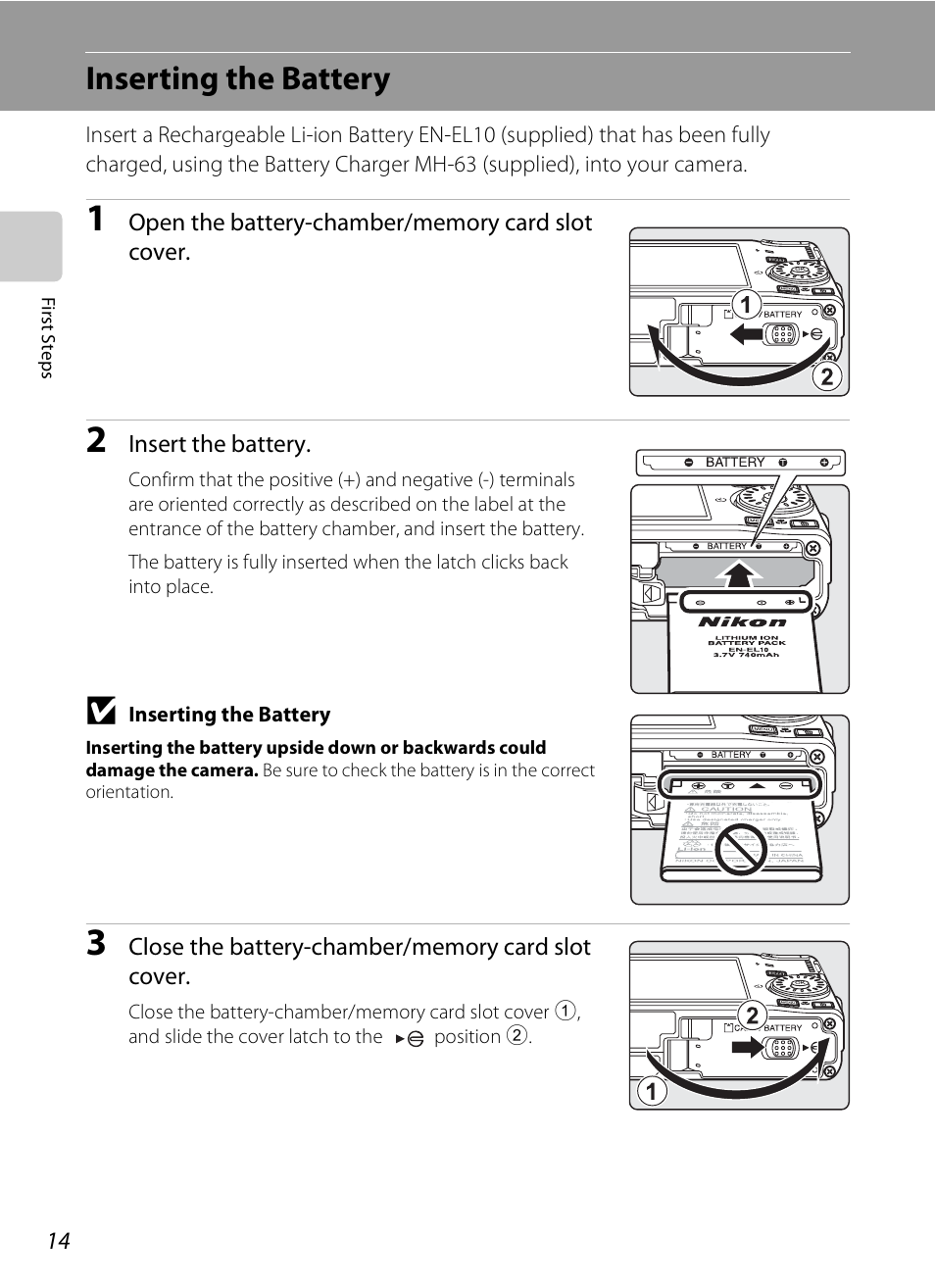 Inserting the battery | Nikon Coolpix S600 User Manual | Page 26 / 144