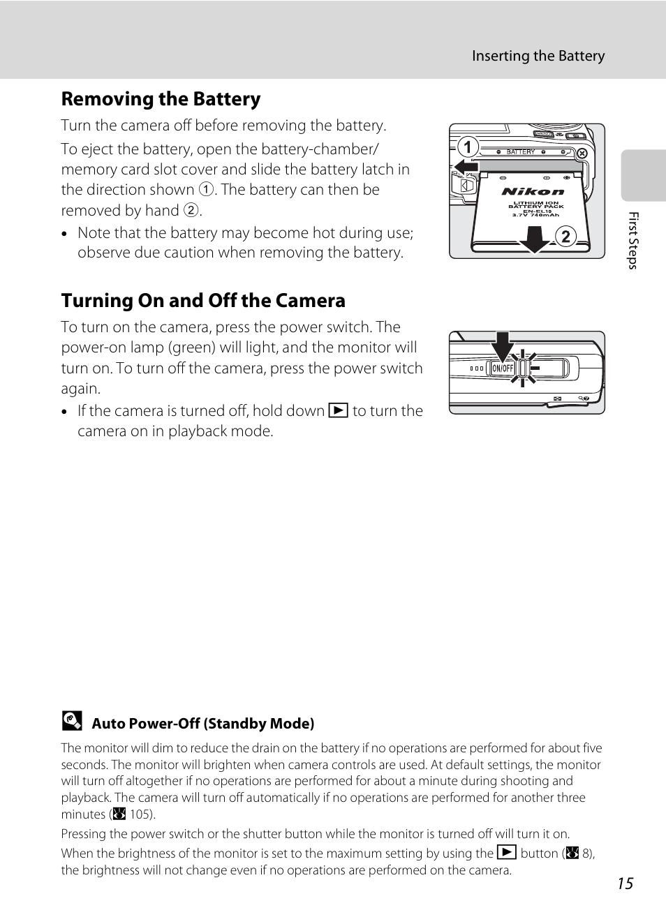 Removing the battery, Turning on and off the camera, Removing the battery turning on and off the camera | Nikon Coolpix S600 User Manual | Page 27 / 144