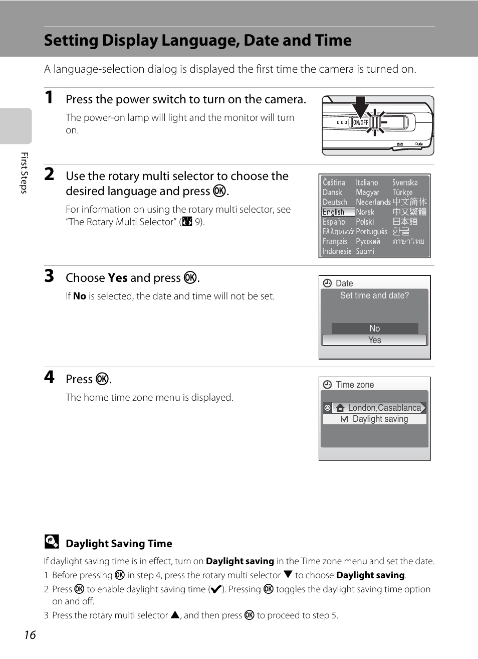 Setting display language, date and time | Nikon Coolpix S600 User Manual | Page 28 / 144