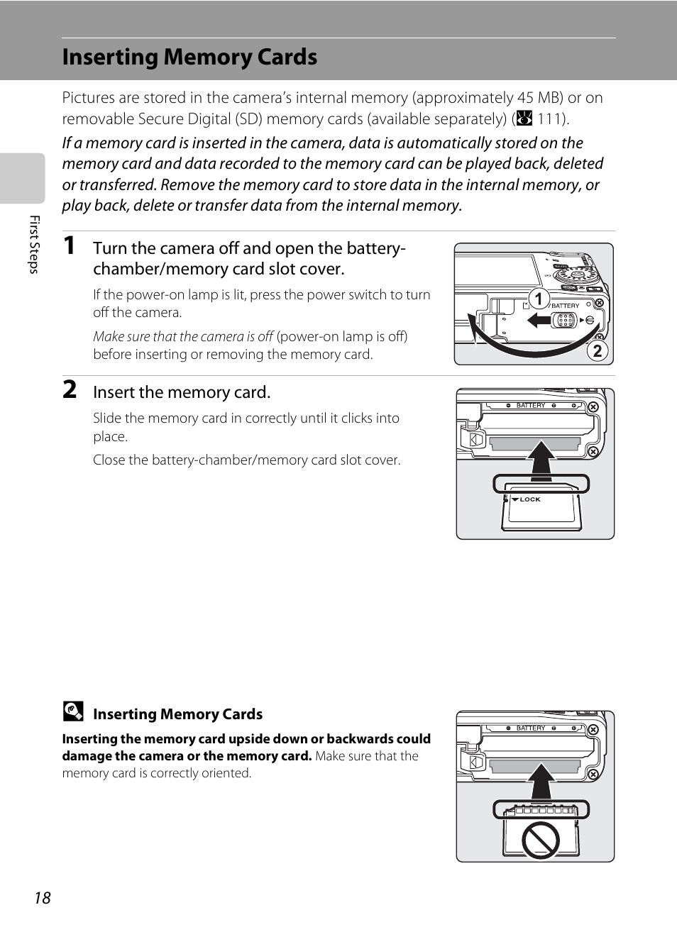 Inserting memory cards | Nikon Coolpix S600 User Manual | Page 30 / 144