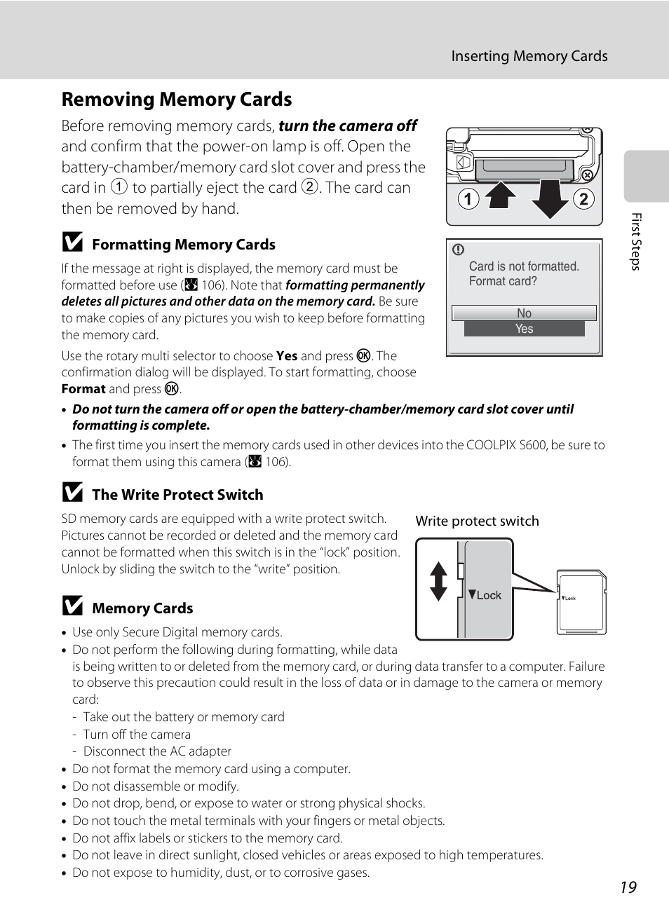 Removing memory cards | Nikon Coolpix S600 User Manual | Page 31 / 144