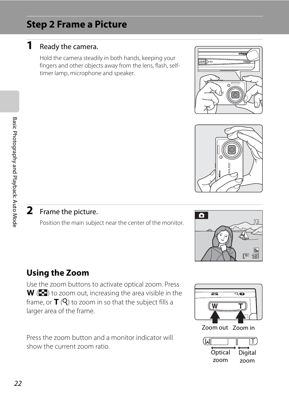 Step 2 frame a picture, Using the zoom | Nikon Coolpix S600 User Manual | Page 34 / 144