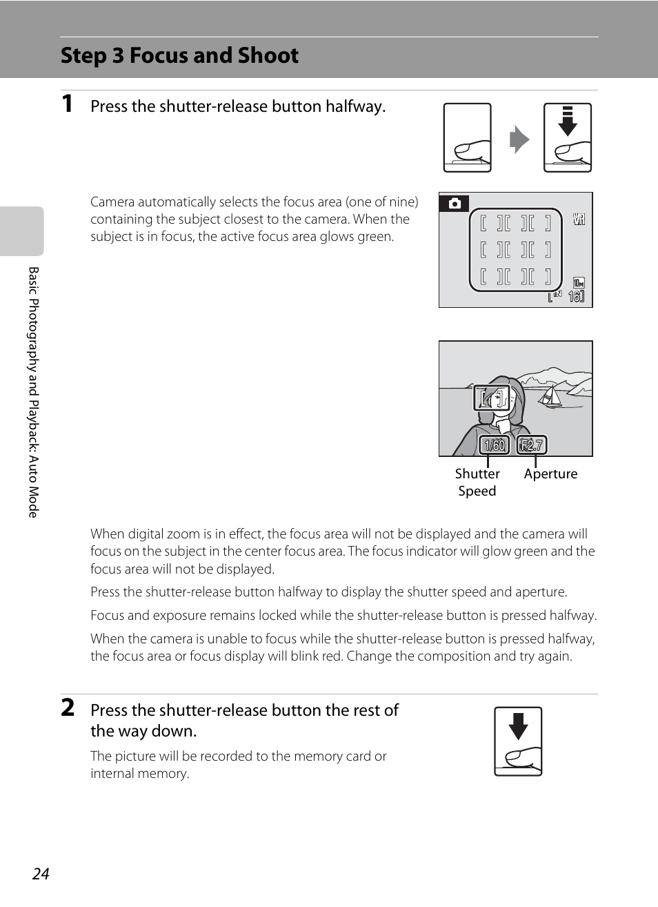 Step 3 focus and shoot, Press the shutter-release button halfway | Nikon Coolpix S600 User Manual | Page 36 / 144