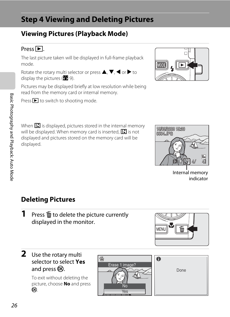 Step 4 viewing and deleting pictures, Viewing pictures (playback mode), Deleting pictures | Viewing pictures (playback mode) deleting pictures, A 26, A 26) | Nikon Coolpix S600 User Manual | Page 38 / 144