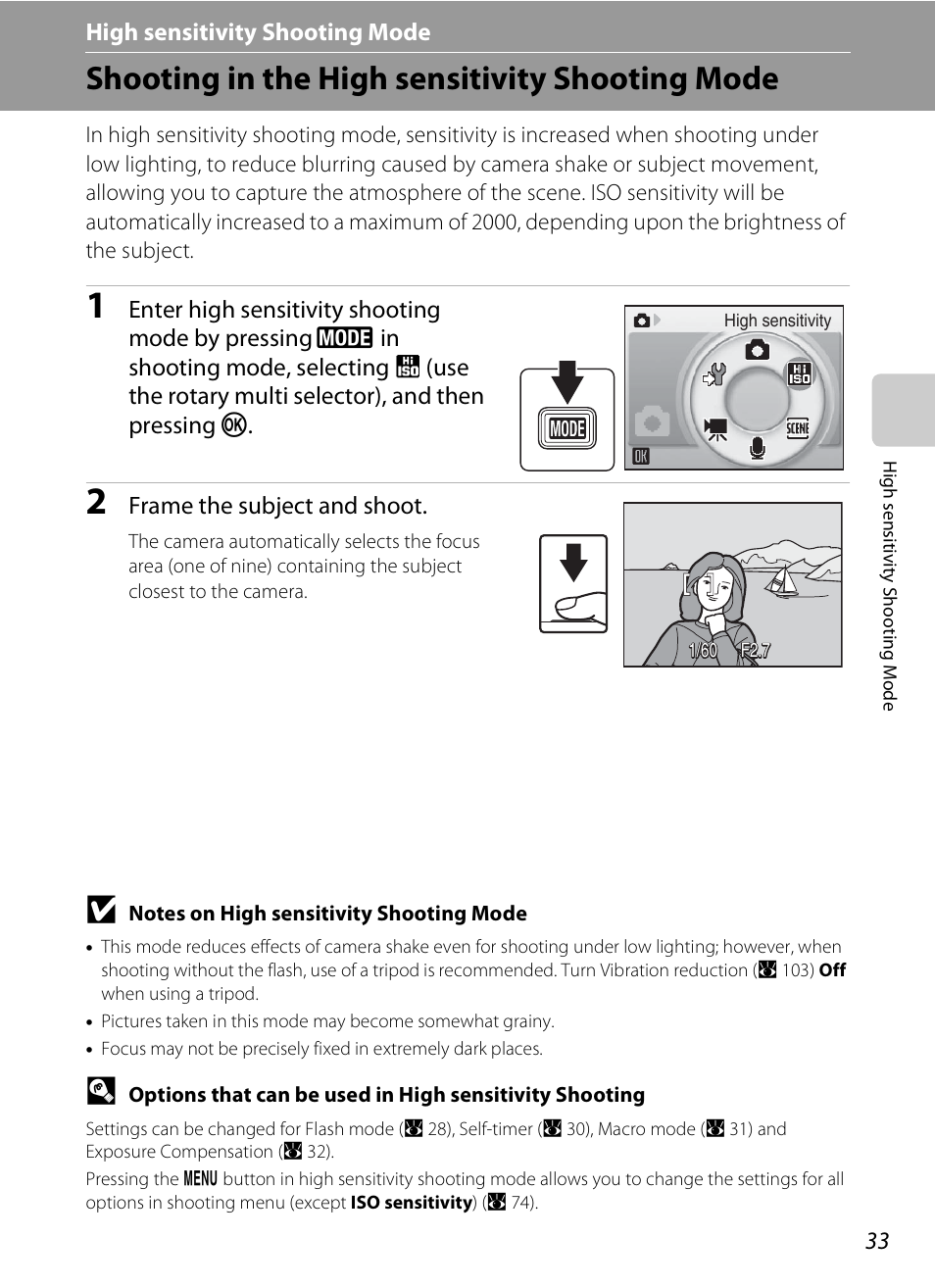 High sensitivity shooting mode, Shooting in the high sensitivity shooting mode, B high sensitivity shooting mode | A 33) | Nikon Coolpix S600 User Manual | Page 45 / 144