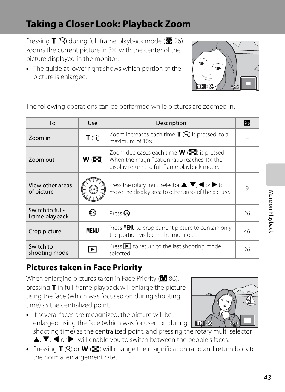 Taking a closer look: playback zoom, Pictures taken in face priority | Nikon Coolpix S600 User Manual | Page 55 / 144