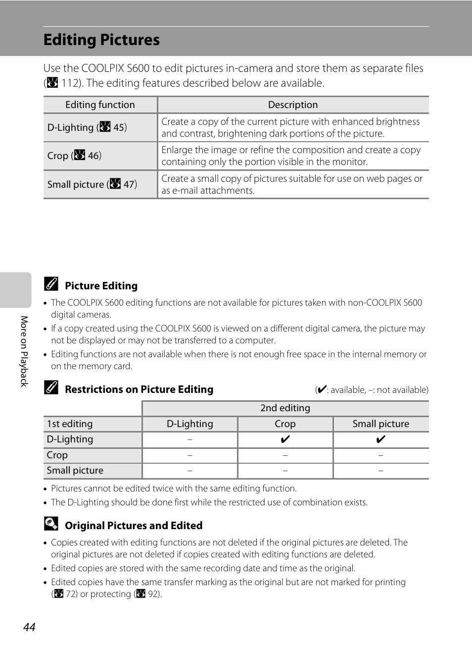 Editing pictures | Nikon Coolpix S600 User Manual | Page 56 / 144