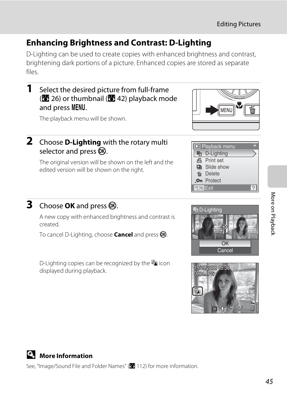 Enhancing brightness and contrast: d-lighting | Nikon Coolpix S600 User Manual | Page 57 / 144