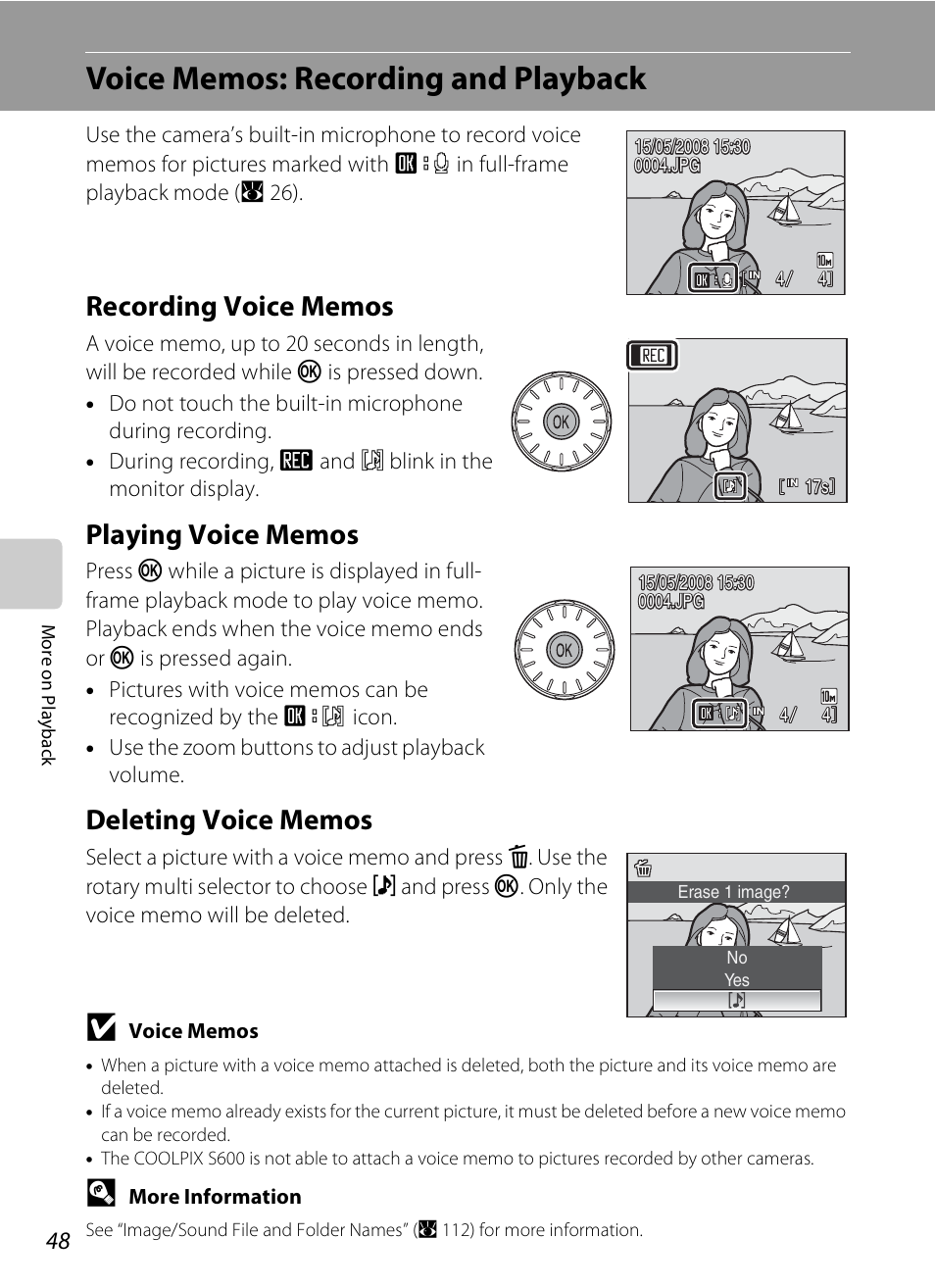 Voice memos: recording and playback, Recording voice memos, Playing voice memos | Deleting voice memos | Nikon Coolpix S600 User Manual | Page 60 / 144