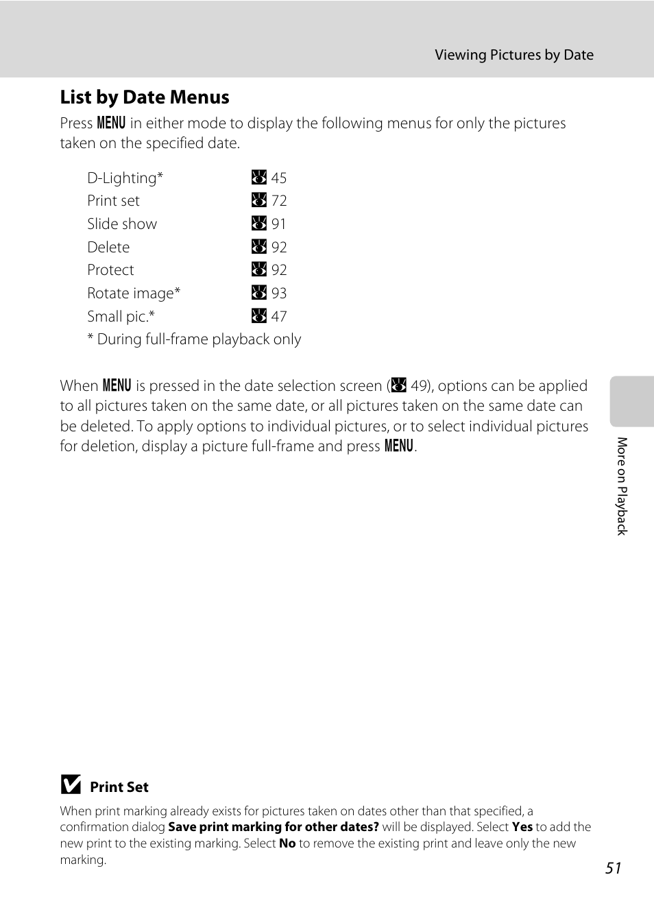 List by date menus | Nikon Coolpix S600 User Manual | Page 63 / 144