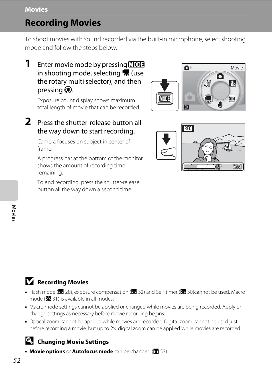 Movies, Recording movies, D movies | A 52) | Nikon Coolpix S600 User Manual | Page 64 / 144