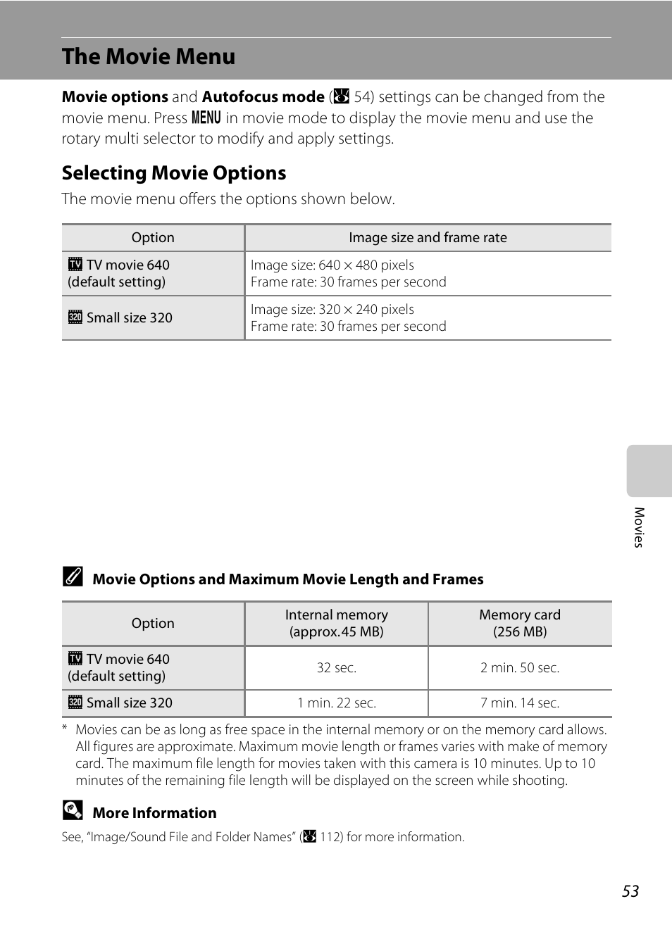 The movie menu, Selecting movie options, A 53 | Nikon Coolpix S600 User Manual | Page 65 / 144