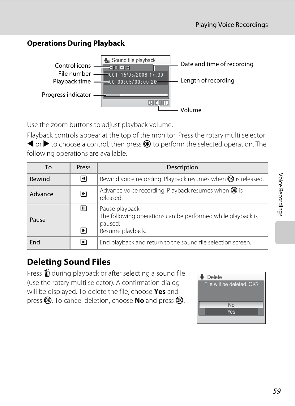 Deleting sound files, Operations during playback | Nikon Coolpix S600 User Manual | Page 71 / 144