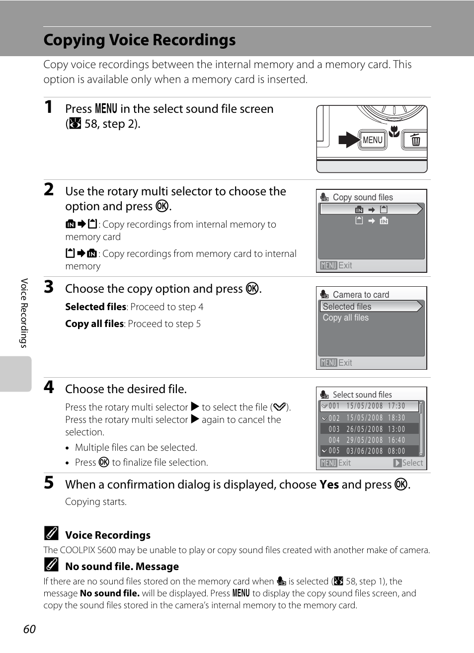 Copying voice recordings | Nikon Coolpix S600 User Manual | Page 72 / 144