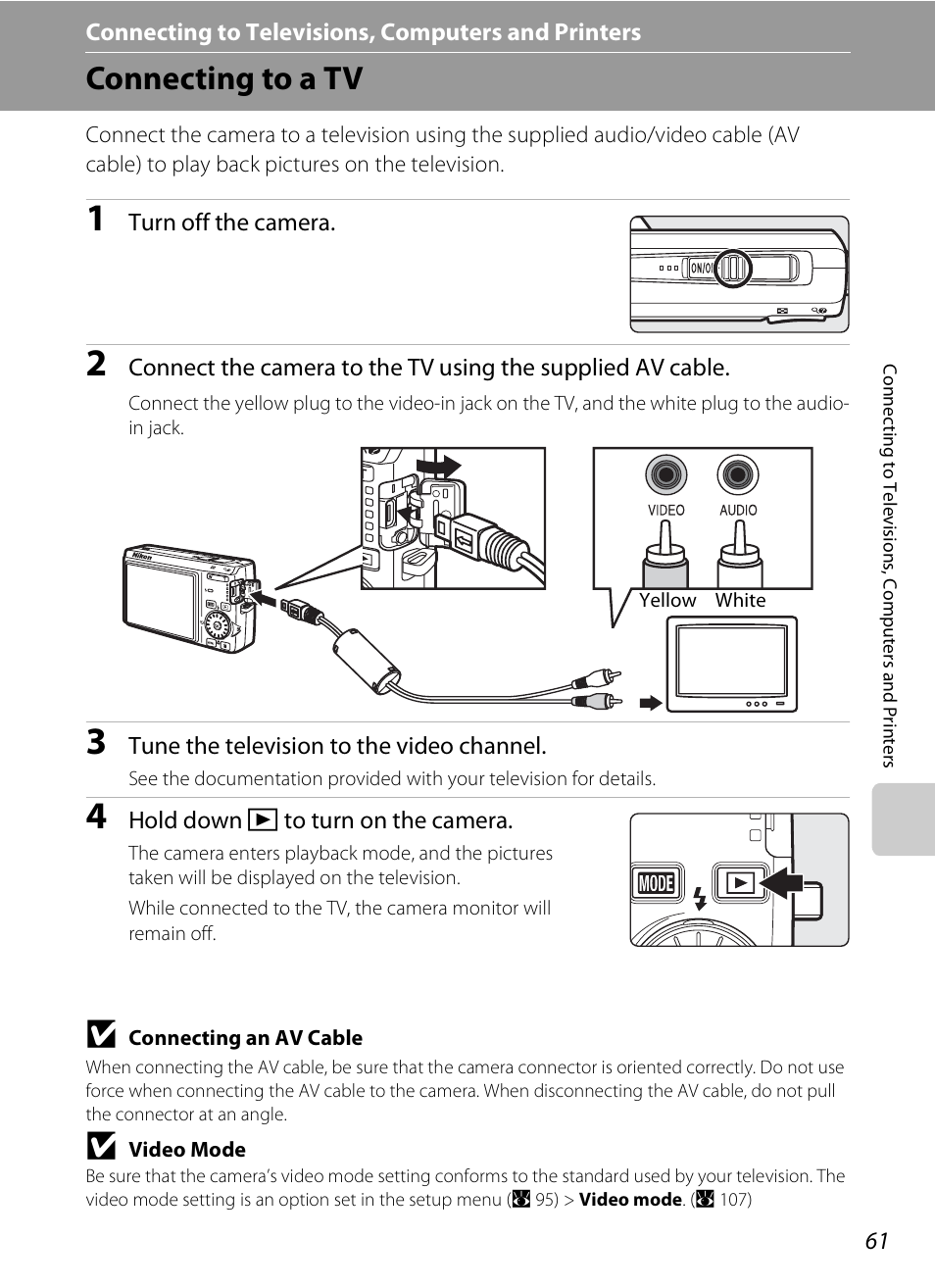 Connecting to televisions, computers and printers, Connecting to a tv | Nikon Coolpix S600 User Manual | Page 73 / 144