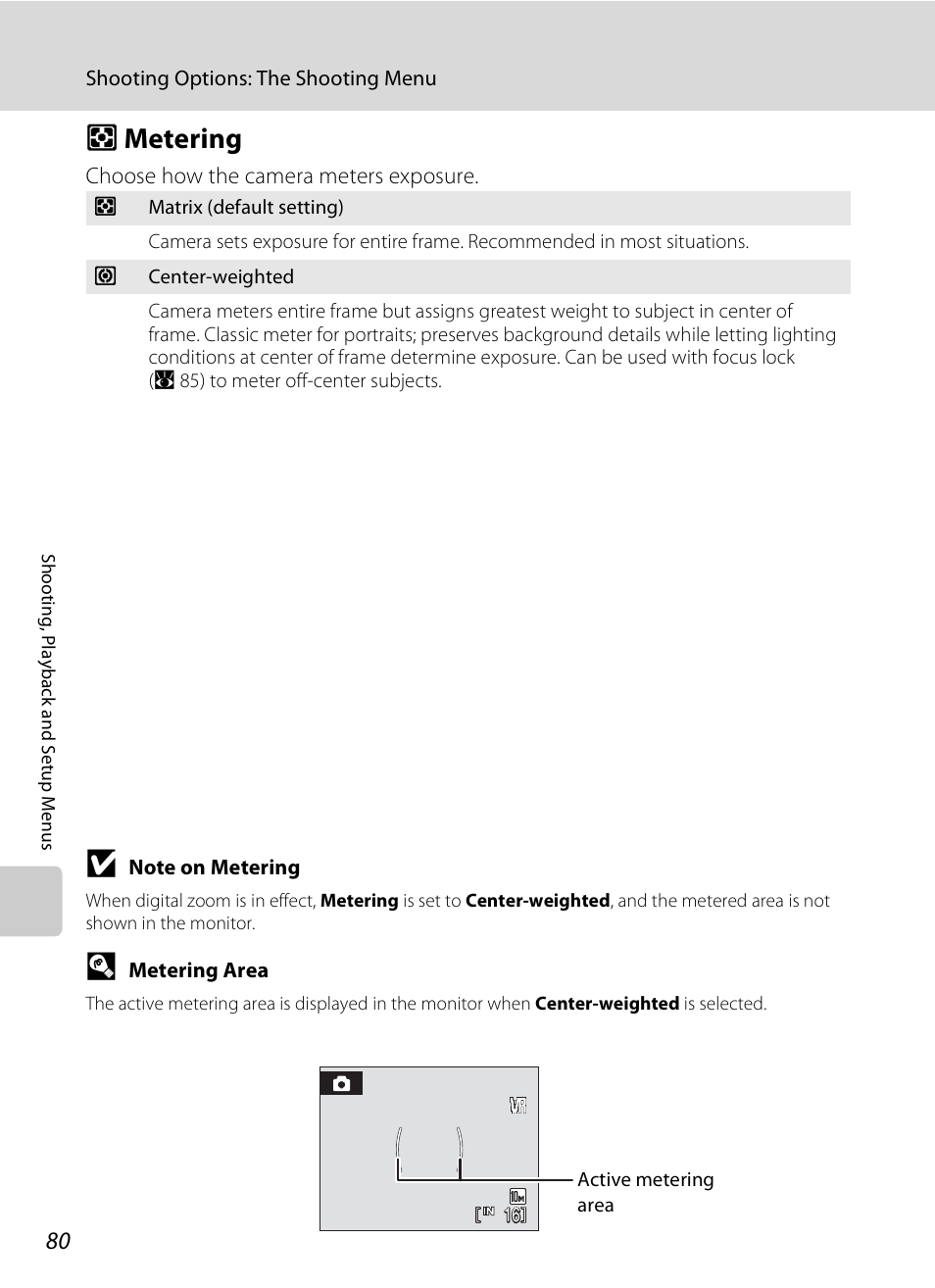 Metering, G metering, A 80 | Nikon Coolpix S600 User Manual | Page 92 / 144