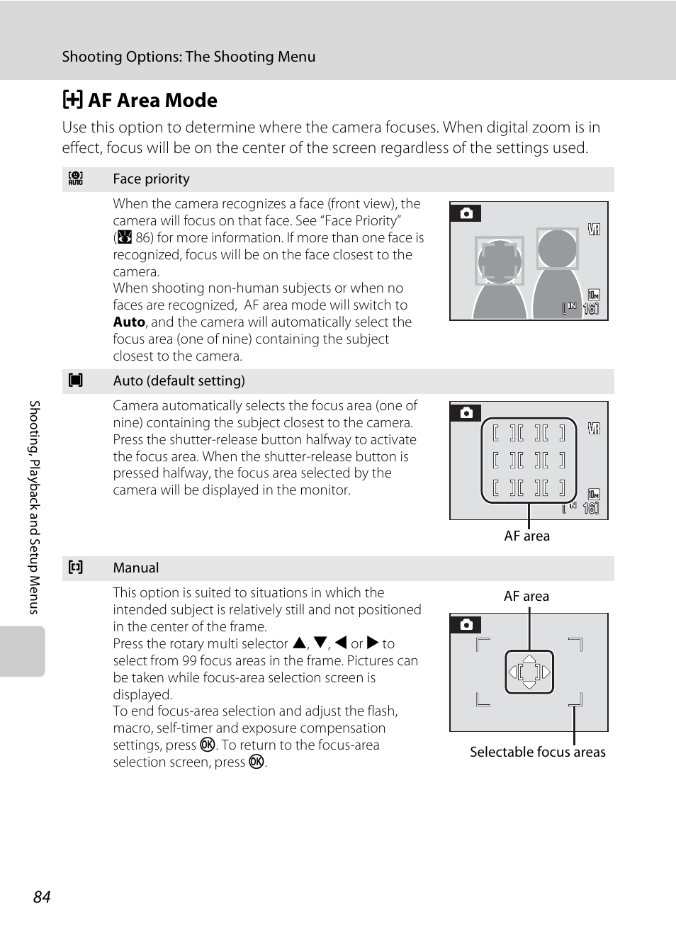 Af area mode, G af area mode, A 84) | A 84 | Nikon Coolpix S600 User Manual | Page 96 / 144