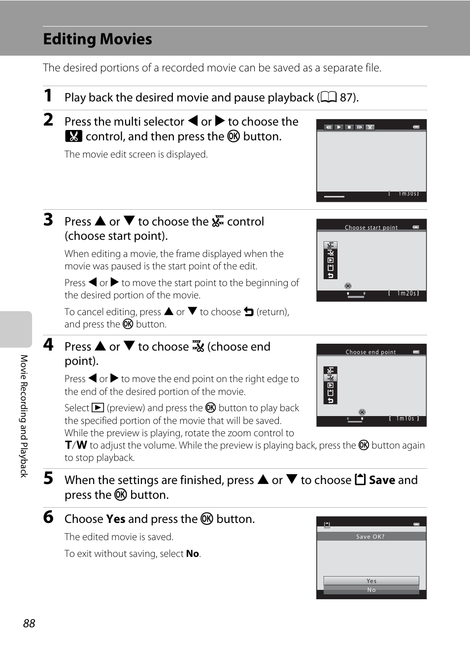 Editing movies, A 88) | Nikon Coolpix L120 User Manual | Page 100 / 164