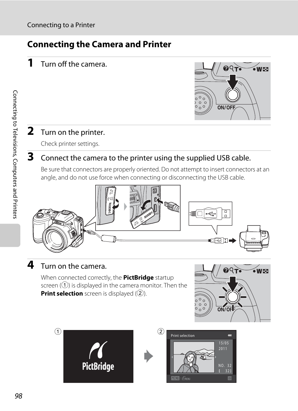 Connecting the camera and printer, A 98) | Nikon Coolpix L120 User Manual | Page 110 / 164