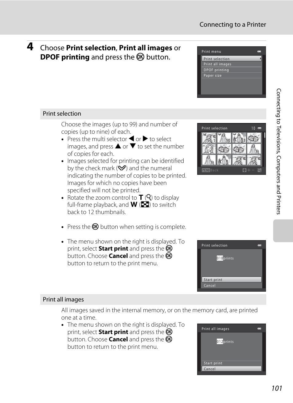 A 101), Connecting to a printer | Nikon Coolpix L120 User Manual | Page 113 / 164