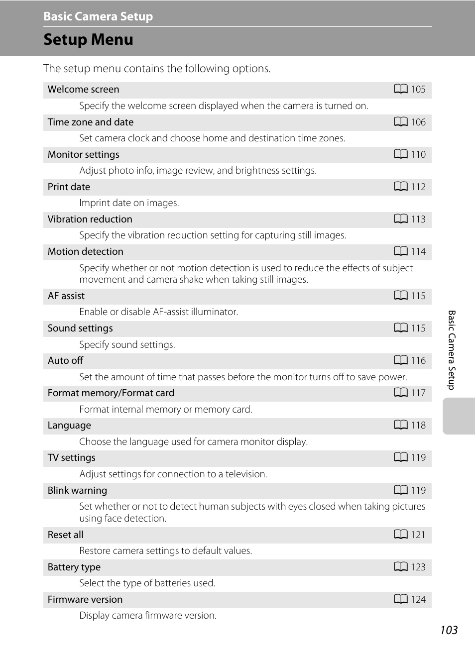 Basic camera setup, Setup menu, A 103 | A 103), A 103) af, Menu (a 103) | Nikon Coolpix L120 User Manual | Page 115 / 164