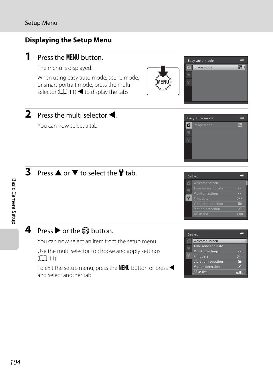 Displaying the setup menu, Press the d button, Press the multi selector j | Press h or i to select the z tab, Press k or the k button | Nikon Coolpix L120 User Manual | Page 116 / 164