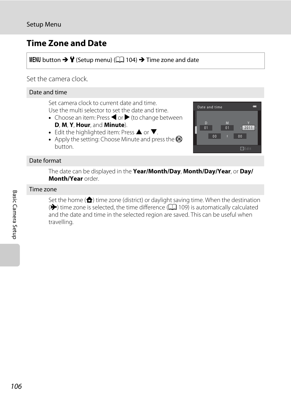 Time zone and date, A 106) i, A 106 | Set the camera clock | Nikon Coolpix L120 User Manual | Page 118 / 164