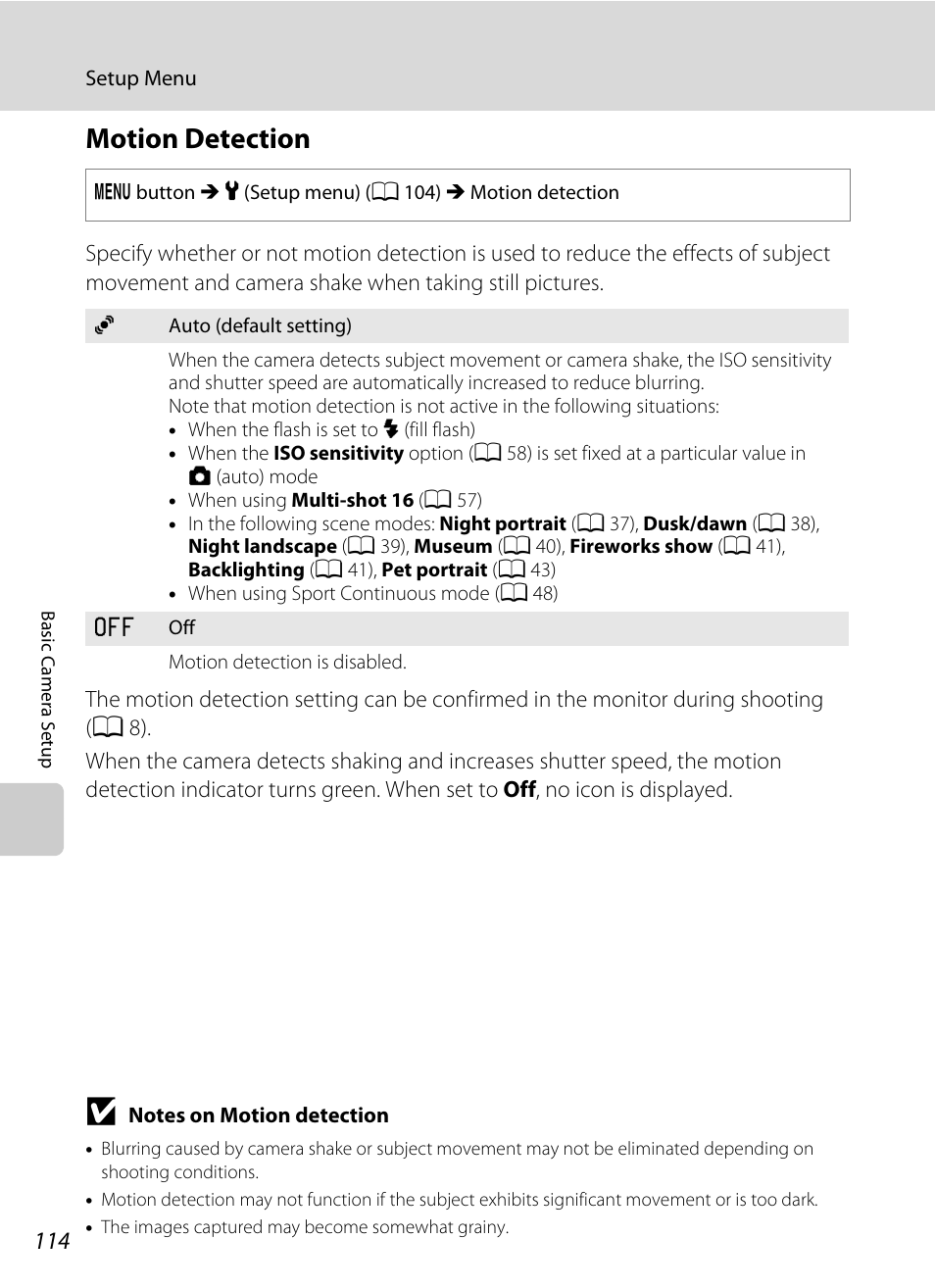 Motion detection, A 114) in, A 114) does not function | A 114 | Nikon Coolpix L120 User Manual | Page 126 / 164