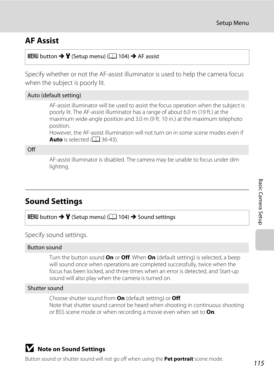 Af assist, Sound settings, Af assist sound settings | A 115) may li, R (a 115) does not light, A 115) does not, A 115) w, A 115) doe, A 115, A 115) | Nikon Coolpix L120 User Manual | Page 127 / 164